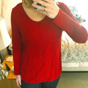 Red Long-Sleeve Lace Blouse